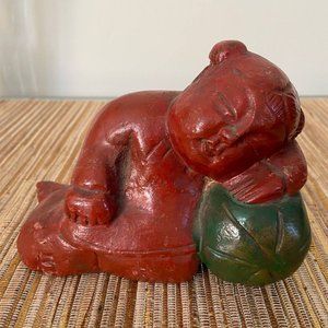 Asian Child Sleeping on Watermelon - Good Luck, Wooden Hand Carved